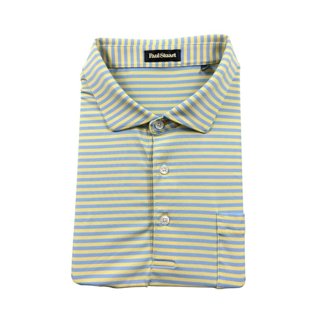Paul Stuart Mens Performance Pocket Polo Shirt Yellow Blue Striped Size 2XL XXL